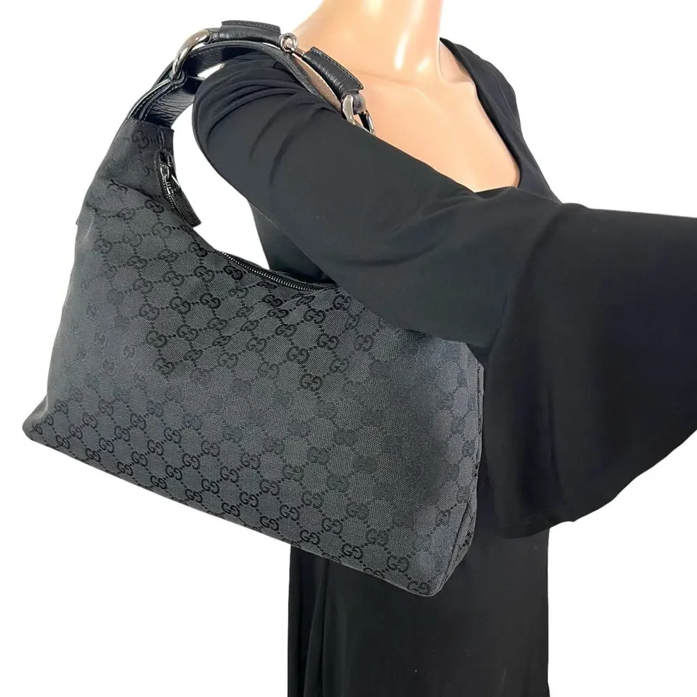 Gucci Black Monogram Canvas Hobo Shoulder Bag